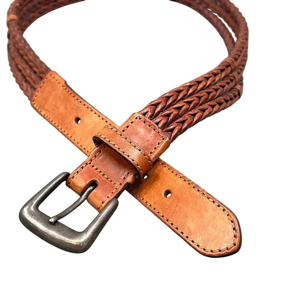 Billy Belt’s Calif Leather Belt 34 Brown Braided Woven Brass Buckle Vintage Boho